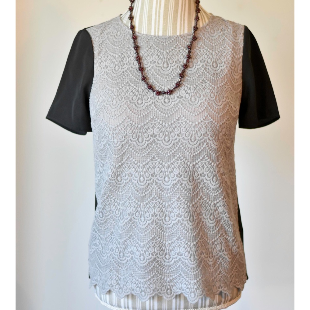 J. Crew Gray Scalloped Lace Panel Top w/Black Back